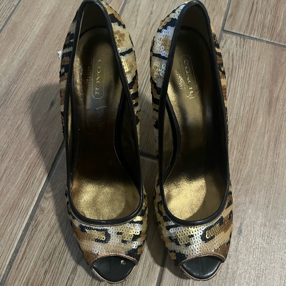 Coach Gold Sequins Peep Toe Blocked Hell Pump
